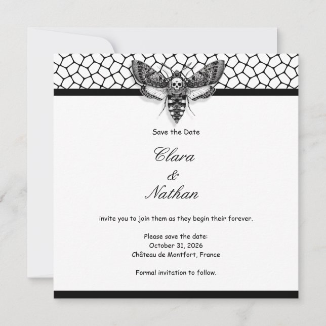 Gothic Moth Skull Save the Date – Elegant Black Invitation (Front)