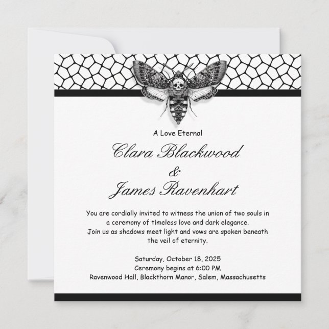 Gothic Moth Skull Wedding  – Black & white Invitation (Front)