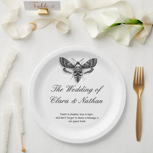 Gothic Moth Skull Wedding – Dark Elegant  Paper Plate (Wedding)
