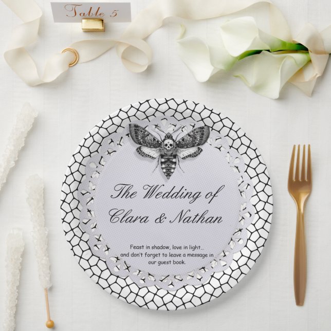 Gothic Moth Skull Wedding – Dark Elegant  Paper Plate (Wedding)