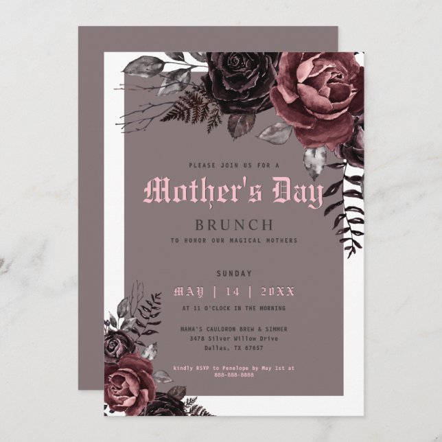 Gothic Mother's Day Brunch Burgundy Flowers Party Invitation (Front/Back)