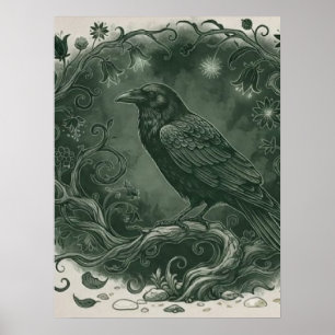 Gothic Mystical Raven Crow and Enchanted Forest Poster