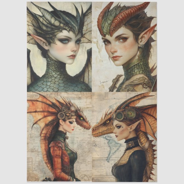 Gothic Mythological Nymph Fantasy Dragon Collage Tissue Paper (Front)