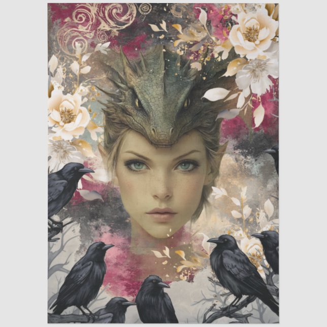 Gothic Mythological Nymph Fantasy Dragon Collage Tissue Paper (Front)