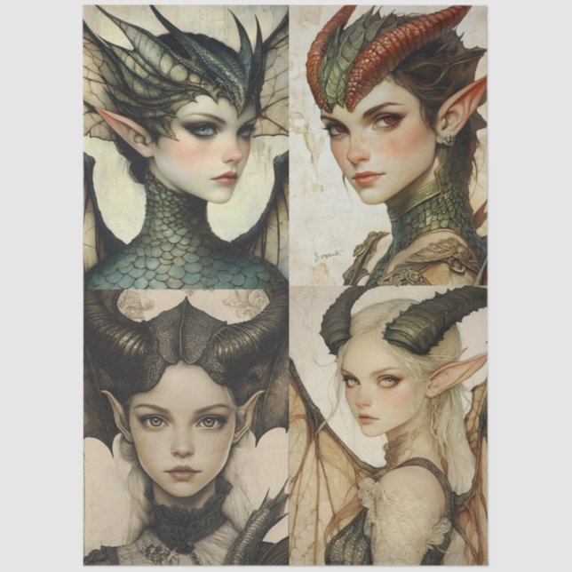 Gothic Mythological Nymph Fantasy Dragon Collage Tissue Paper (Front)