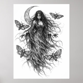 Gothic Night Witch and Luna Moth Dark Folklore Art Poster