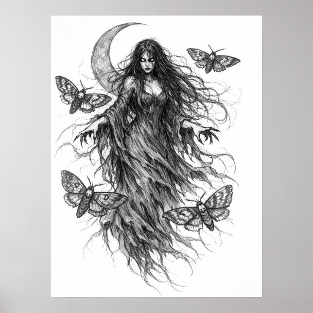 Gothic Night Witch and Luna Moth Dark Folklore Art Poster (Front)