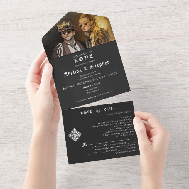 Gothic Nothing Fancy Just Love RSVP Black Wedding All In One Invitation (Tearaway)