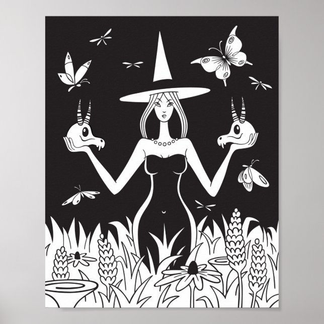 Gothic Occult Witch Black White Skull Butterfly Poster (Front)