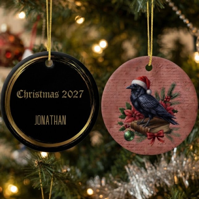 Gothic Onyx Baroque Raven Ceramic Ornament (Ceramic raven ornament for gothic holiday lovers and dark academia tree decor)
