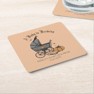 Gothic Orange A Baby is Brewing Fall Baby Shower Square Paper Coaster