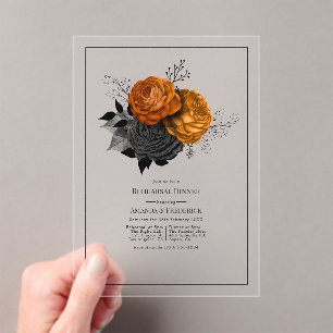 Gothic Orange and Black Floral Rehearsal Dinner Acrylic Invitations