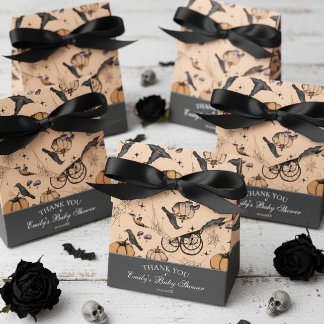 Gothic Orange Baby Carriage Baby Shower Thank You Favour Box (Gender Neutral Gothic Orange Halloween Baby Shower Favor Boxes. Vintage Baby Carriage, Black Raven)