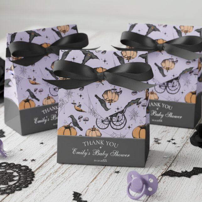 Gothic Orange Baby Carriage Baby Shower Thank You Favour Box (Gothic Halloween Baby Shower Favor Boxes. Purple Spooky Pattern-Carriage, Pumpkin, Raven, Witch Hat)