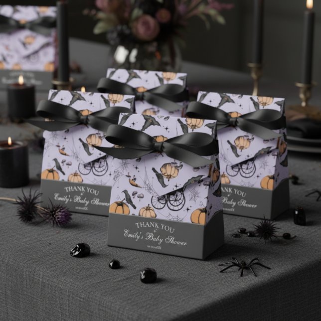Gothic Orange Baby Carriage Baby Shower Thank You Favour Box (Gothic Baby Shower Favor Boxes. Spooky Vintage Baby Carriage Pumpkin Black Raven Spiderwebs Pattern.)