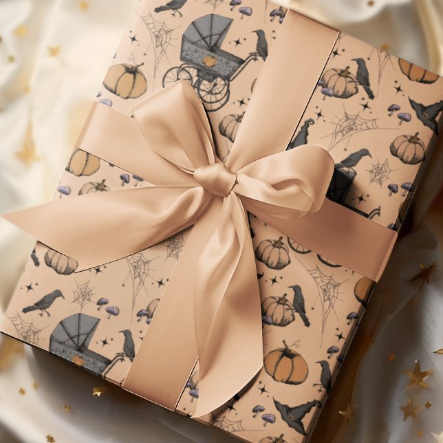 Gothic Orange Baby Carriage Halloween Wrapping Paper (Hand-Drawn Victorian Baby Carriages, Pumpkins, Witch Hats, Crows, Spiderwebs and Tiny Mushrooms.)
