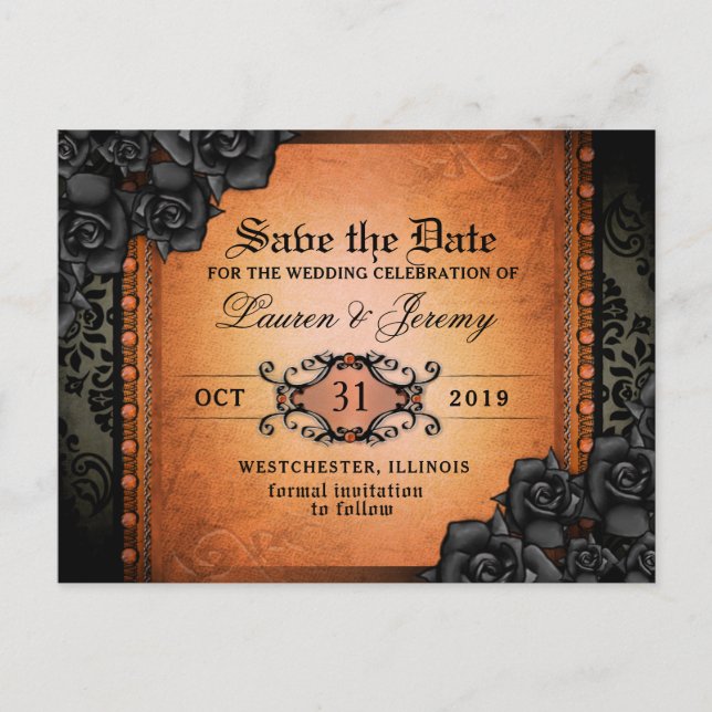 Gothic Orange & Black Halloween Save Date PostCard (Front)