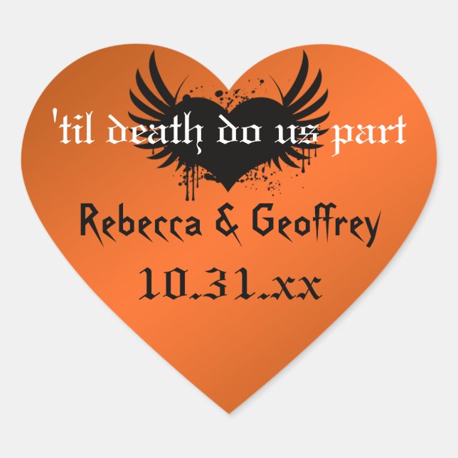 Gothic Orange, Black Winged Heart Wedding Sticker (Front)