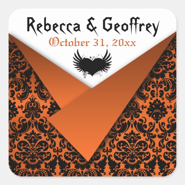 Gothic Orange, Black Winged Heart Wedding Sticker (Front)