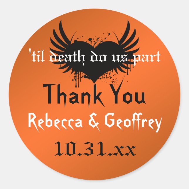 Gothic Orange, Black Winged Heart Wedding Sticker (Front)