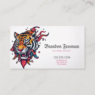 Gothic Orange Tiger Head with Feathers Tattoo Business Card