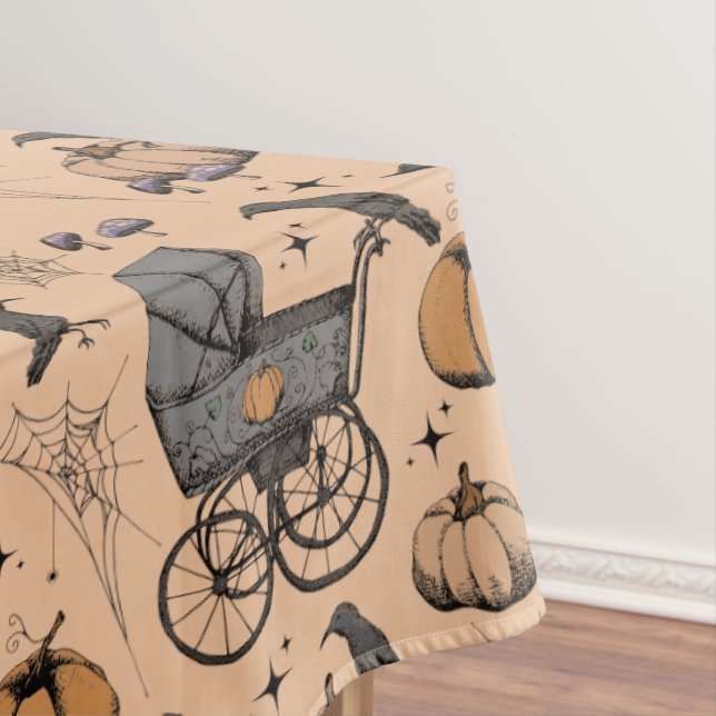Gothic Orange Victorian Baby Carriage Halloween Tablecloth (In Situ)