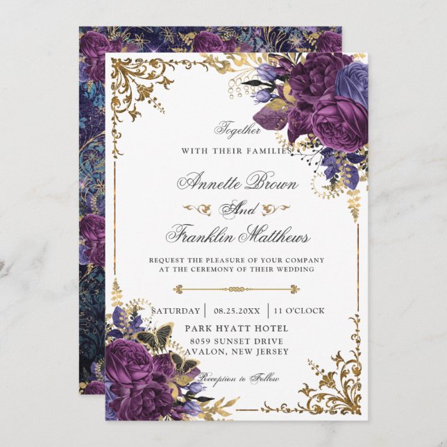 Gothic Ornate Dark Purple Floral Gold Wedding Invitation (Front/Back)
