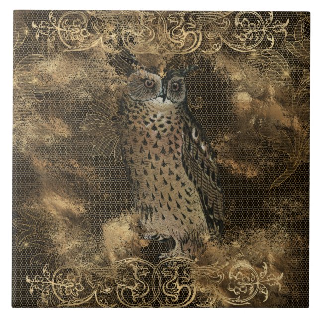 Gothic Owl & Golden Lace Pattern on Black Ceramic Tile (Front)