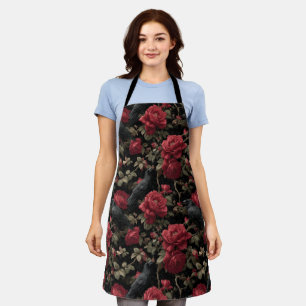 Gothic Pattern with Red Roses and Crows Apron