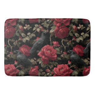 Gothic Pattern with Red Roses and Crows Bath Mat