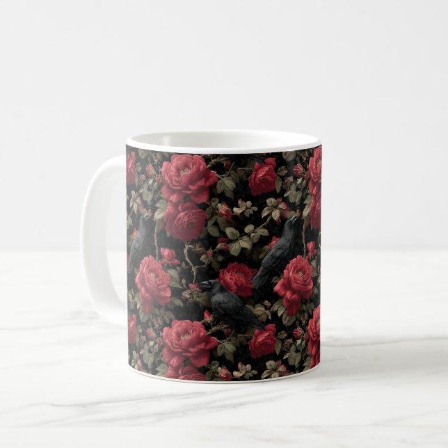 Gothic Pattern with Red Roses and Crows Coffee Mug (Front Left)