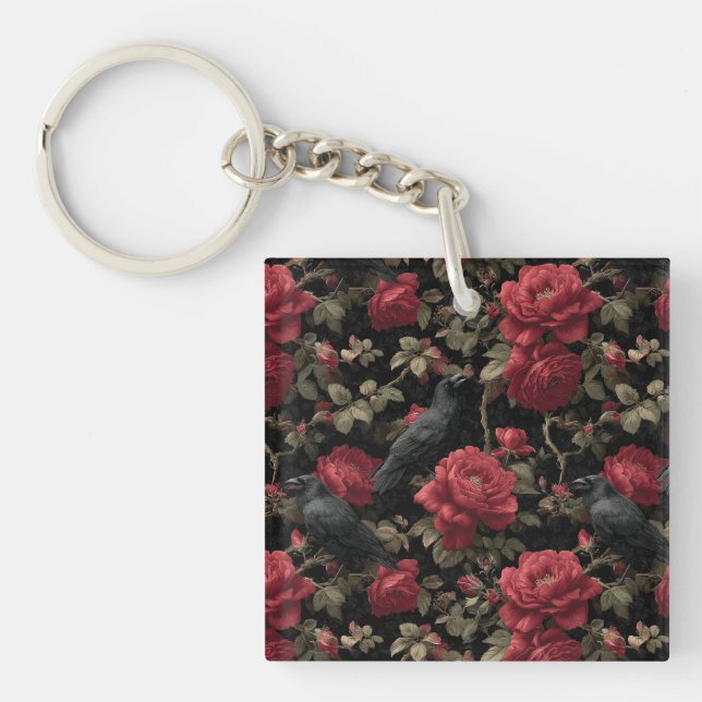 Gothic Pattern with Red Roses and Crows Key Ring (Front)