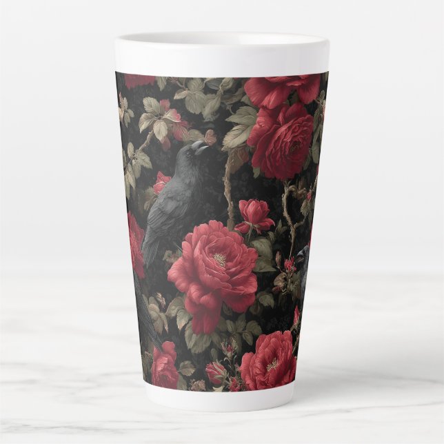 Gothic Pattern with Red Roses and Crows Latte Mug (Front)