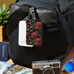 Gothic Pattern with Red Roses and Crows Luggage Tag