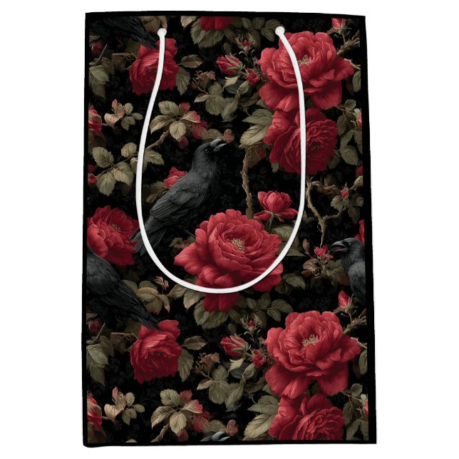Gothic Pattern with Red Roses and Crows Medium Gift Bag (Front)