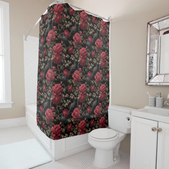 Gothic Pattern with Red Roses and Crows Shower Curtain (In Situ)