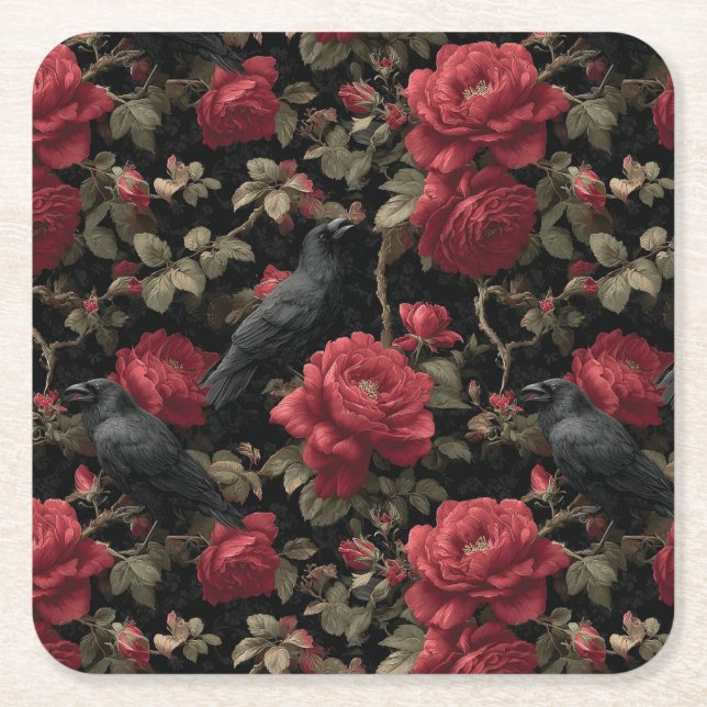 Gothic Pattern with Red Roses and Crows Square Paper Coaster (Front)