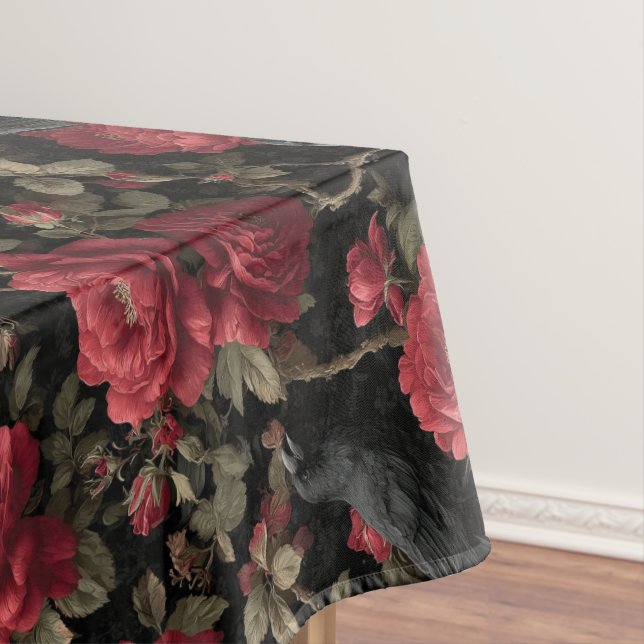 Gothic Pattern with Red Roses and Crows Tablecloth (In Situ)