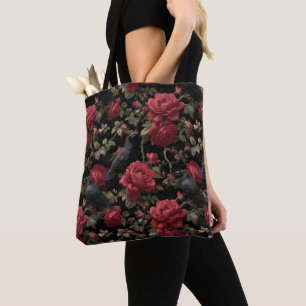 Gothic Pattern with Red Roses and Crows Tote Bag
