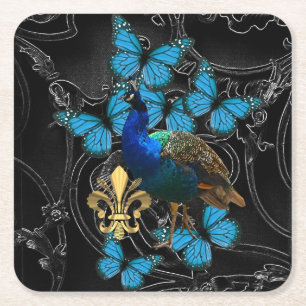 Gothic Peacock and butterflies Square Paper Coaster