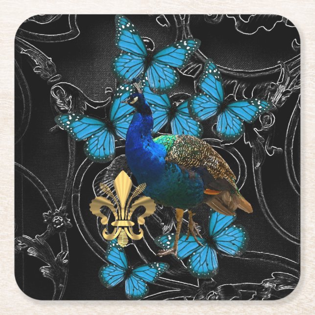 Gothic Peacock and butterflies Square Paper Coaster (Front)