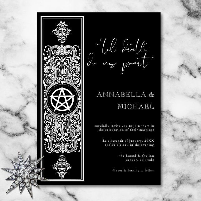 Gothic Pentagram Star Black White Wedding Invitation (Gothic Pentagram Star Black White Wedding Invitation)