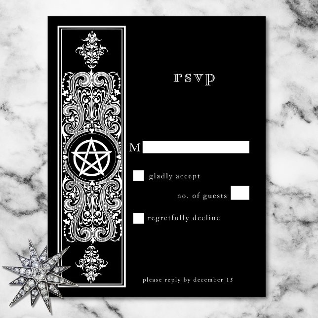 Gothic Pentagram Star Black White Wedding RSVP Card (Gothic Pentagram Star Black White Wedding RSVP Card)