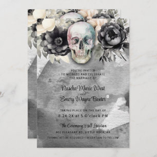 Gothic Peony & Skull Black Floral Wedding Invitation