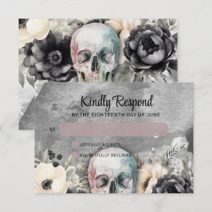 Gothic Peony & Skull Black Floral Wedding RSVP Card