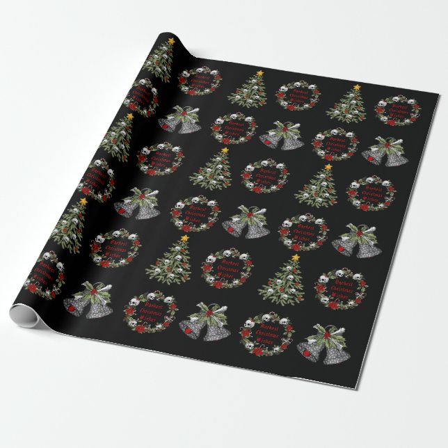 Gothic Personalised Christmas Skulls Trees Wreath Wrapping Paper (Unrolled)