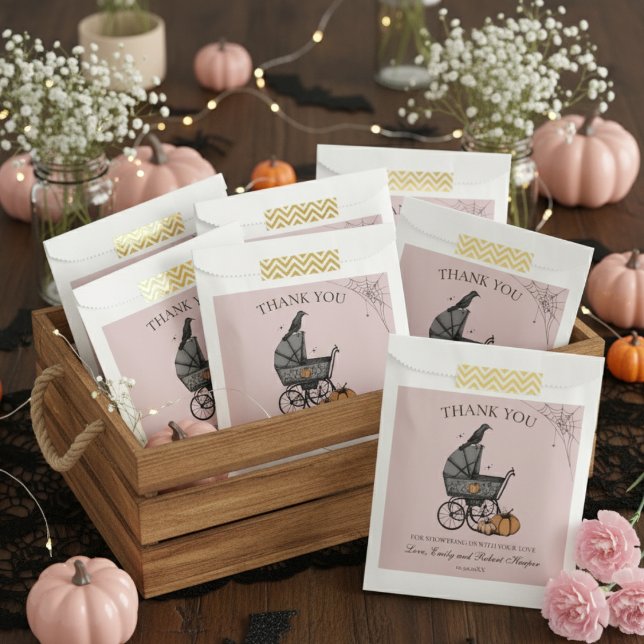 Gothic Pink Baby Carriage Baby Shower Thank You Favour Bag (Pink Gothic Halloween Baby Shower Favor Bag. Cute Spooky Vintage Baby Carriage, Pumpkins, Black Crow)