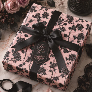 Gothic Pink Cemetery Roses Black Floral Wrapping Paper