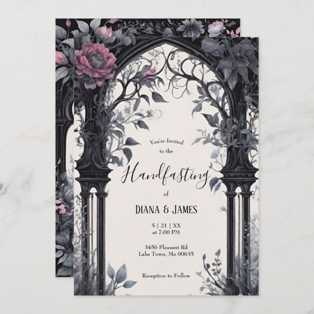 Gothic Pink Floral Garden Gate Pagan Handfasting Invitation (Front/Back)