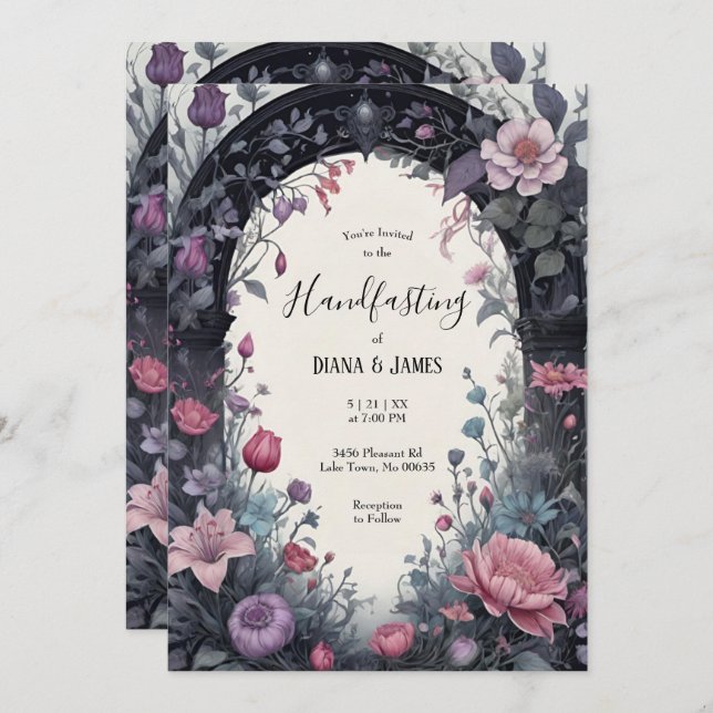 Gothic Pink Floral Garden Gate Pagan Handfasting Invitation (Front/Back)